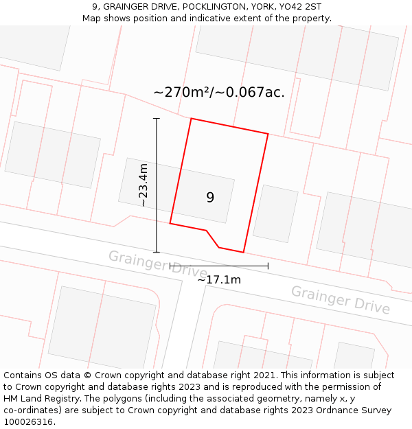 9, GRAINGER DRIVE, POCKLINGTON, YORK, YO42 2ST: Plot and title map