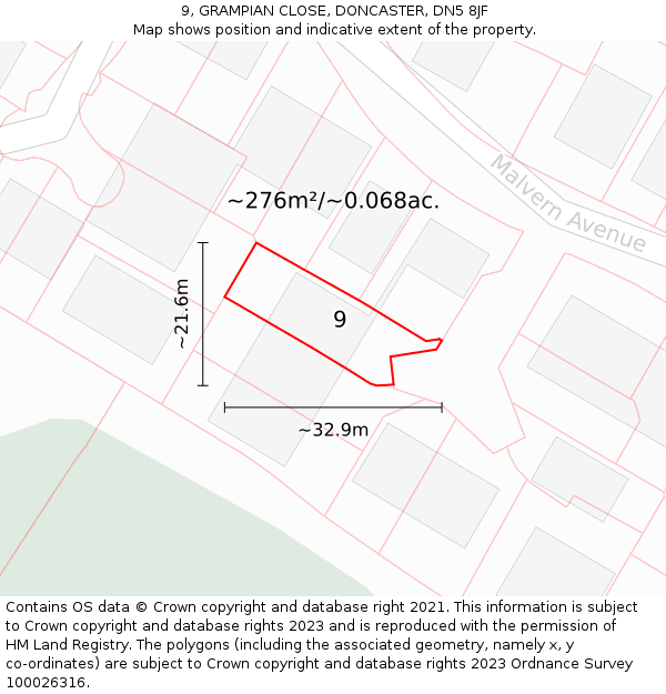 9, GRAMPIAN CLOSE, DONCASTER, DN5 8JF: Plot and title map