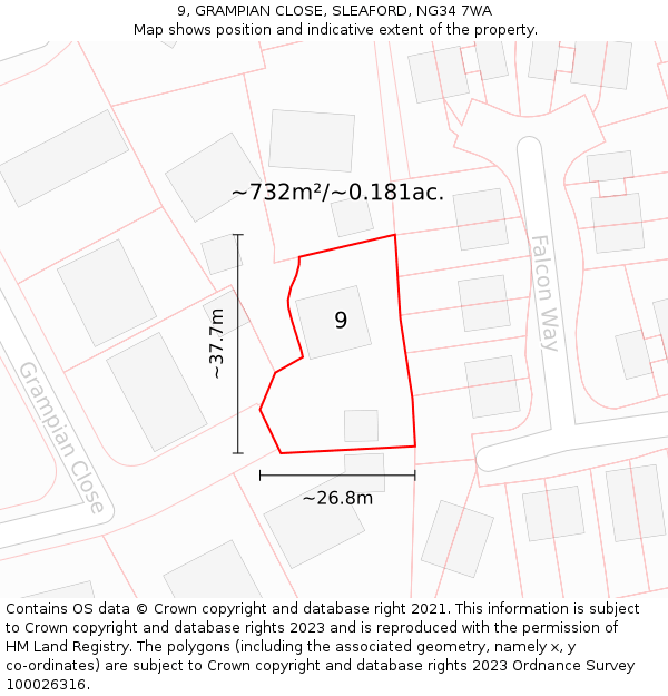 9, GRAMPIAN CLOSE, SLEAFORD, NG34 7WA: Plot and title map