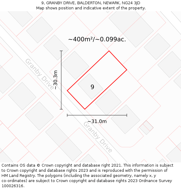 9, GRANBY DRIVE, BALDERTON, NEWARK, NG24 3JD: Plot and title map