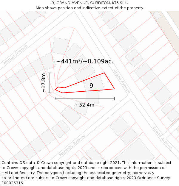 9, GRAND AVENUE, SURBITON, KT5 9HU: Plot and title map