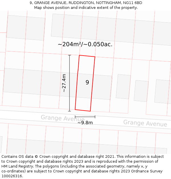 9, GRANGE AVENUE, RUDDINGTON, NOTTINGHAM, NG11 6BD: Plot and title map