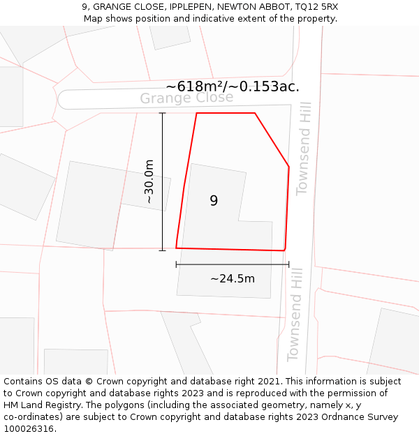 9, GRANGE CLOSE, IPPLEPEN, NEWTON ABBOT, TQ12 5RX: Plot and title map