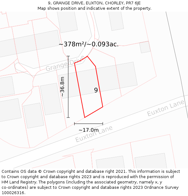 9, GRANGE DRIVE, EUXTON, CHORLEY, PR7 6JE: Plot and title map