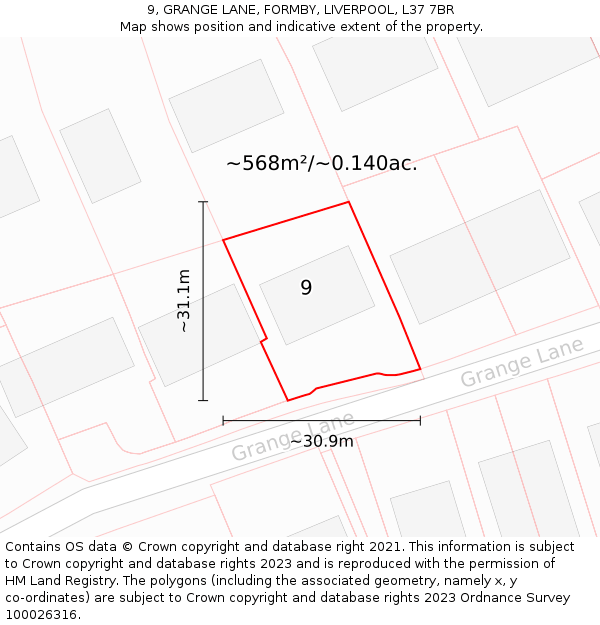 9, GRANGE LANE, FORMBY, LIVERPOOL, L37 7BR: Plot and title map