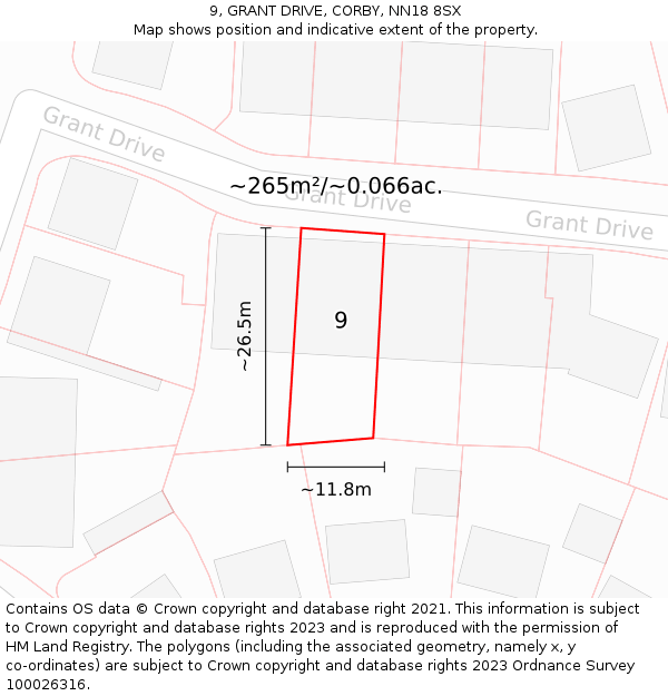 9, GRANT DRIVE, CORBY, NN18 8SX: Plot and title map