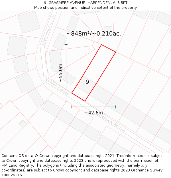 9, GRASMERE AVENUE, HARPENDEN, AL5 5PT: Plot and title map