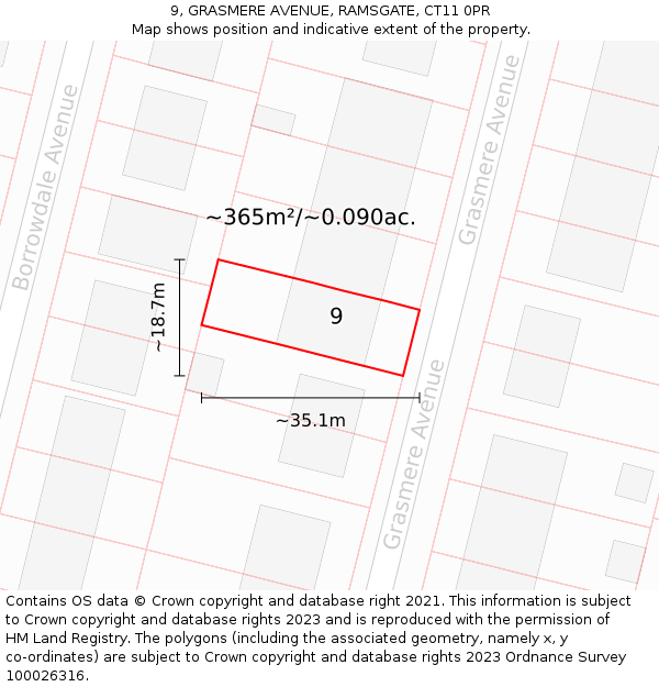 9, GRASMERE AVENUE, RAMSGATE, CT11 0PR: Plot and title map