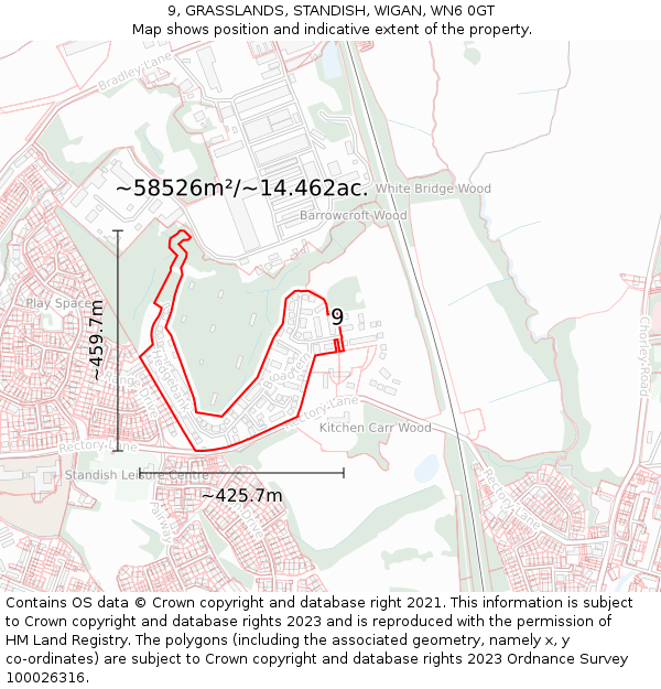 9, GRASSLANDS, STANDISH, WIGAN, WN6 0GT: Plot and title map