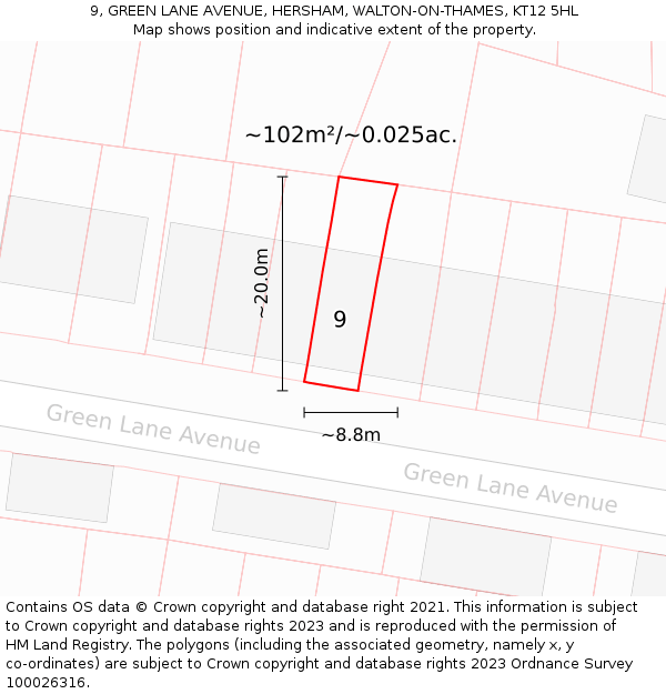 9, GREEN LANE AVENUE, HERSHAM, WALTON-ON-THAMES, KT12 5HL: Plot and title map