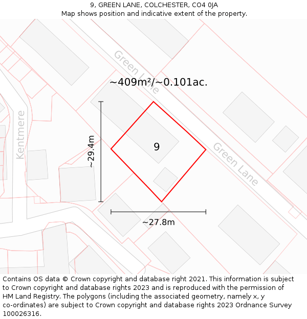 9, GREEN LANE, COLCHESTER, CO4 0JA: Plot and title map