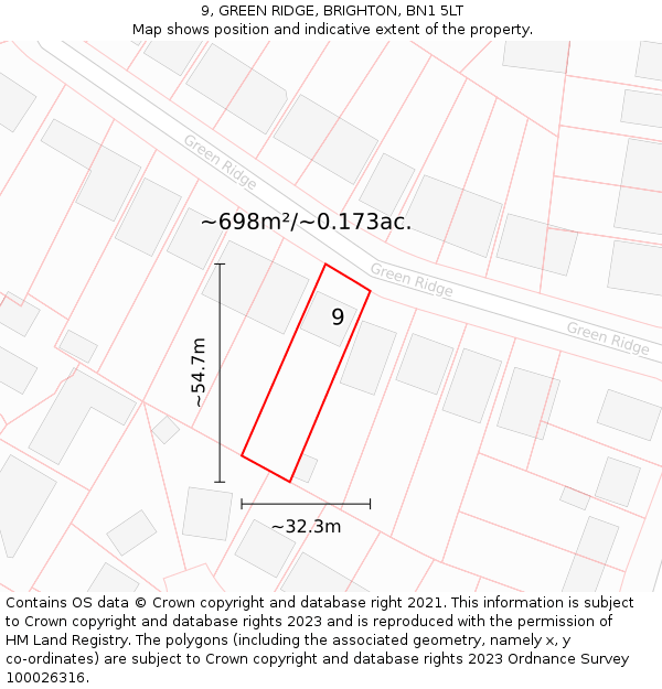 9, GREEN RIDGE, BRIGHTON, BN1 5LT: Plot and title map