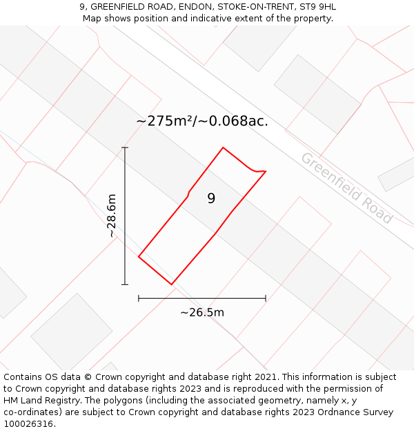 9, GREENFIELD ROAD, ENDON, STOKE-ON-TRENT, ST9 9HL: Plot and title map