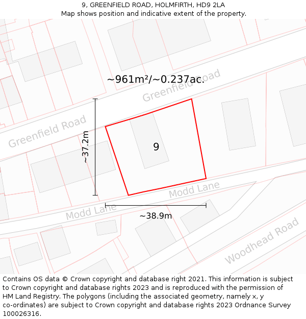 9, GREENFIELD ROAD, HOLMFIRTH, HD9 2LA: Plot and title map