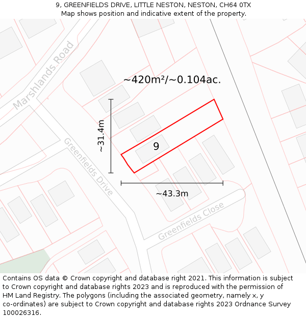 9, GREENFIELDS DRIVE, LITTLE NESTON, NESTON, CH64 0TX: Plot and title map