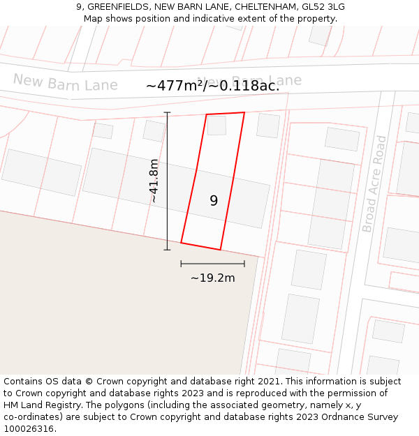 9, GREENFIELDS, NEW BARN LANE, CHELTENHAM, GL52 3LG: Plot and title map