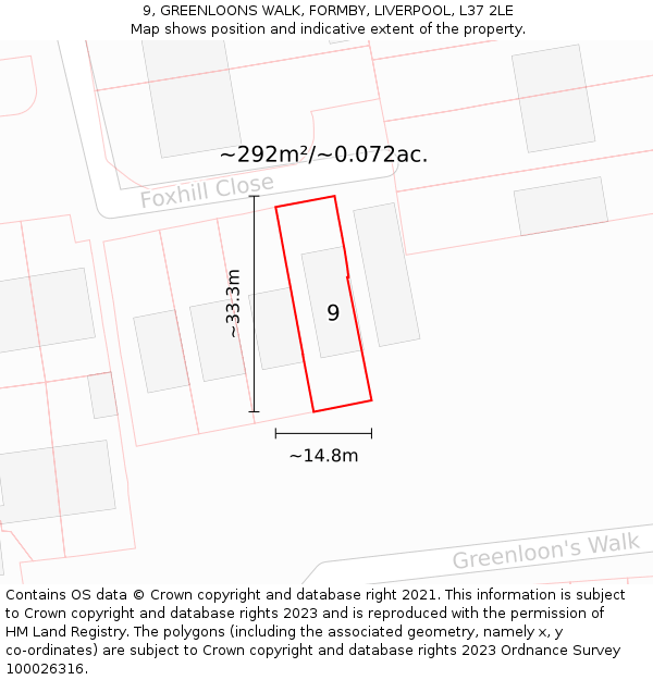 9, GREENLOONS WALK, FORMBY, LIVERPOOL, L37 2LE: Plot and title map