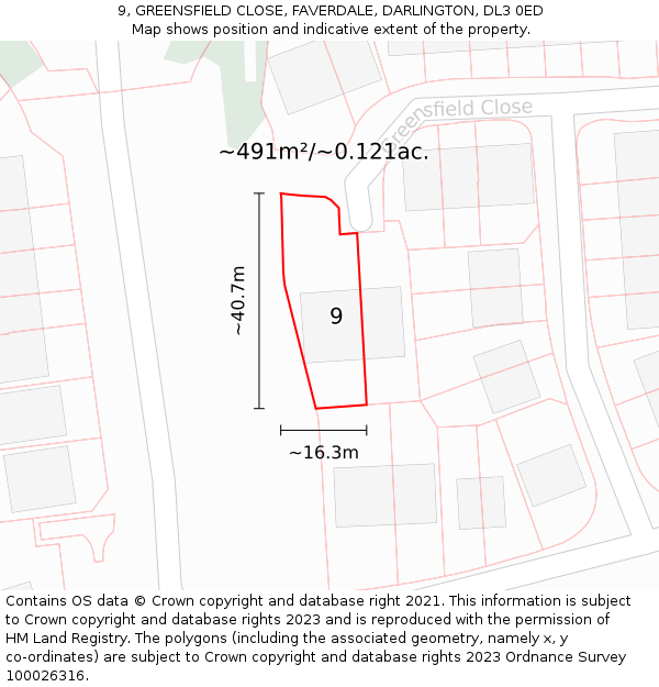 9, GREENSFIELD CLOSE, FAVERDALE, DARLINGTON, DL3 0ED: Plot and title map