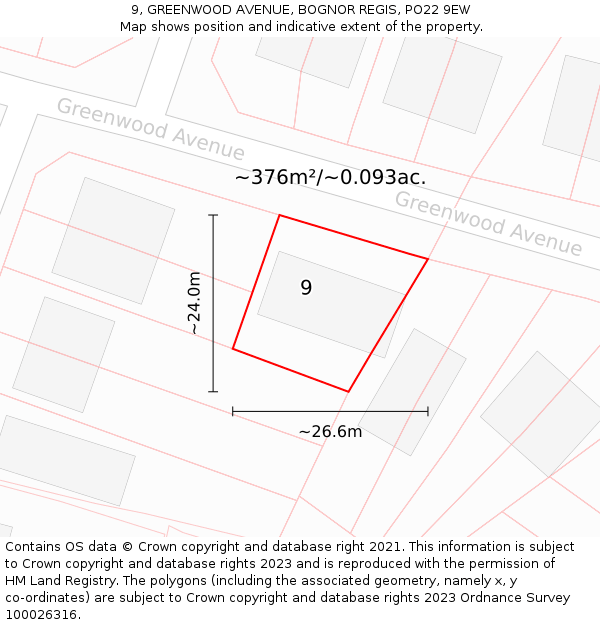 9, GREENWOOD AVENUE, BOGNOR REGIS, PO22 9EW: Plot and title map