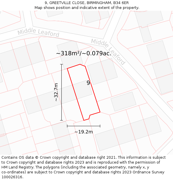 9, GREETVILLE CLOSE, BIRMINGHAM, B34 6ER: Plot and title map