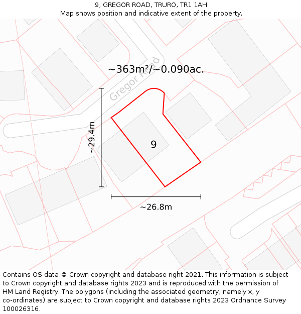 9, GREGOR ROAD, TRURO, TR1 1AH: Plot and title map