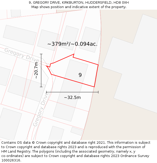 9, GREGORY DRIVE, KIRKBURTON, HUDDERSFIELD, HD8 0XH: Plot and title map