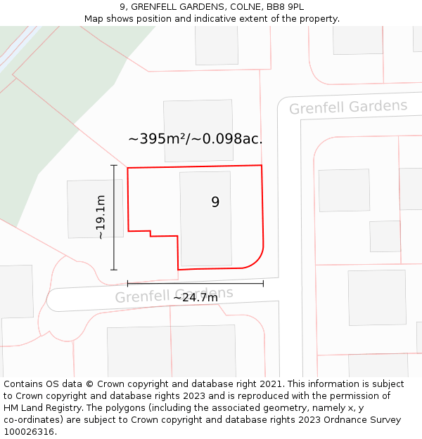 9, GRENFELL GARDENS, COLNE, BB8 9PL: Plot and title map