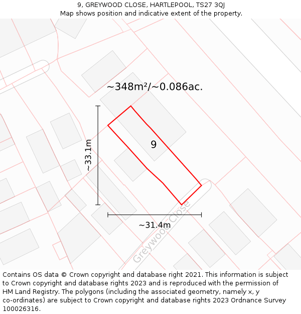 9, GREYWOOD CLOSE, HARTLEPOOL, TS27 3QJ: Plot and title map