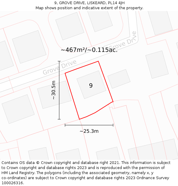 9, GROVE DRIVE, LISKEARD, PL14 4JH: Plot and title map