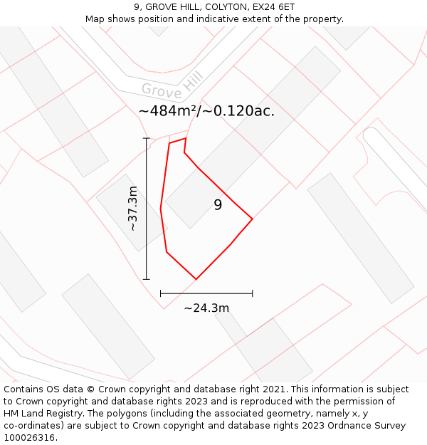 9, GROVE HILL, COLYTON, EX24 6ET: Plot and title map