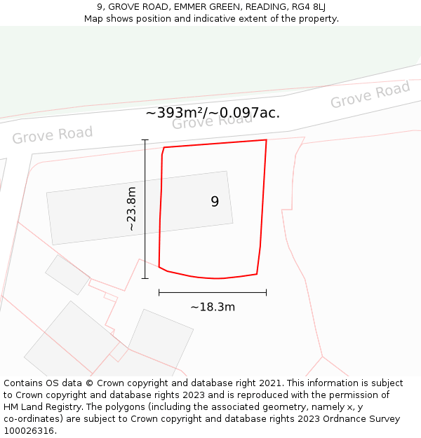 9, GROVE ROAD, EMMER GREEN, READING, RG4 8LJ: Plot and title map