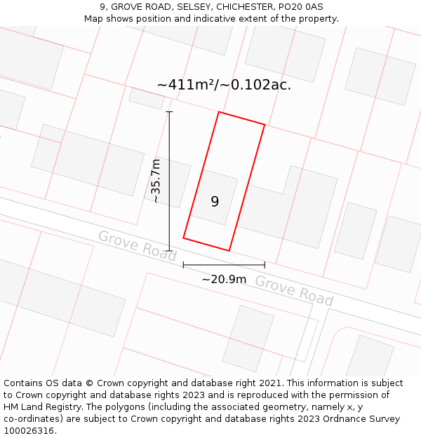 9, GROVE ROAD, SELSEY, CHICHESTER, PO20 0AS: Plot and title map