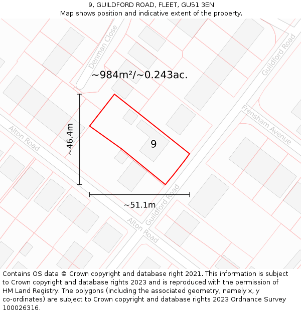 9, GUILDFORD ROAD, FLEET, GU51 3EN: Plot and title map