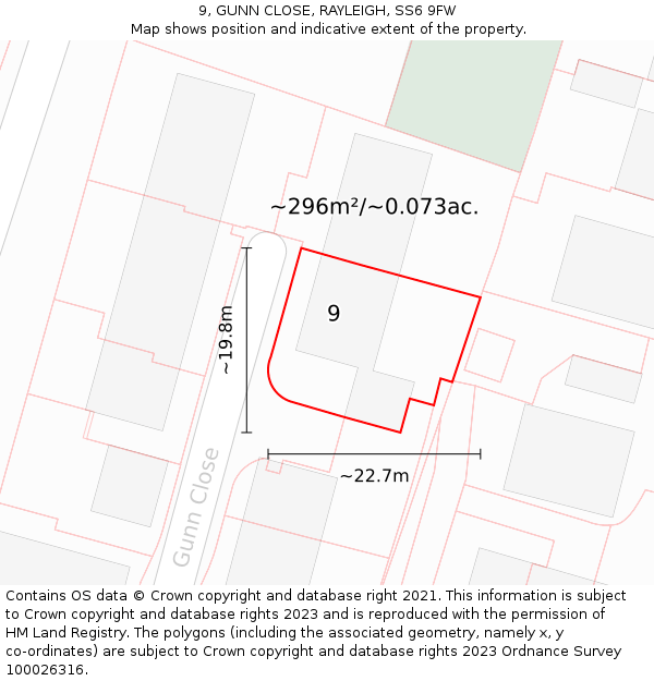 9, GUNN CLOSE, RAYLEIGH, SS6 9FW: Plot and title map