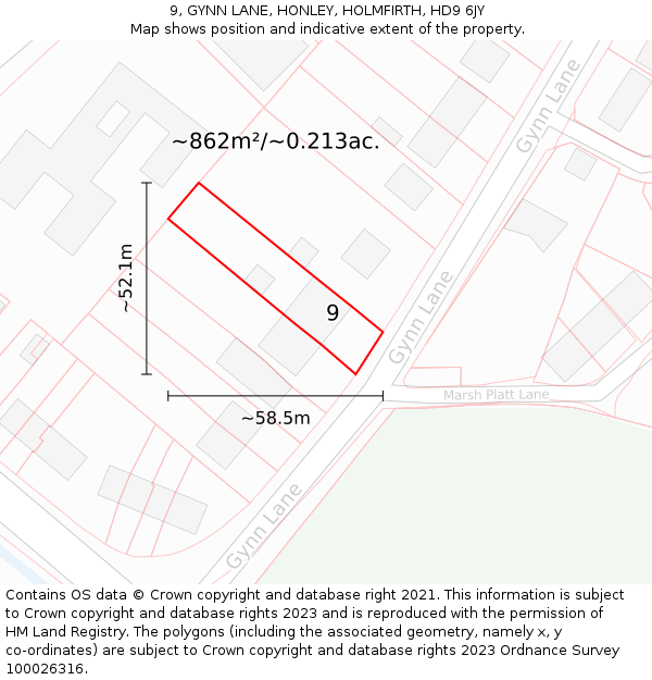 9, GYNN LANE, HONLEY, HOLMFIRTH, HD9 6JY: Plot and title map