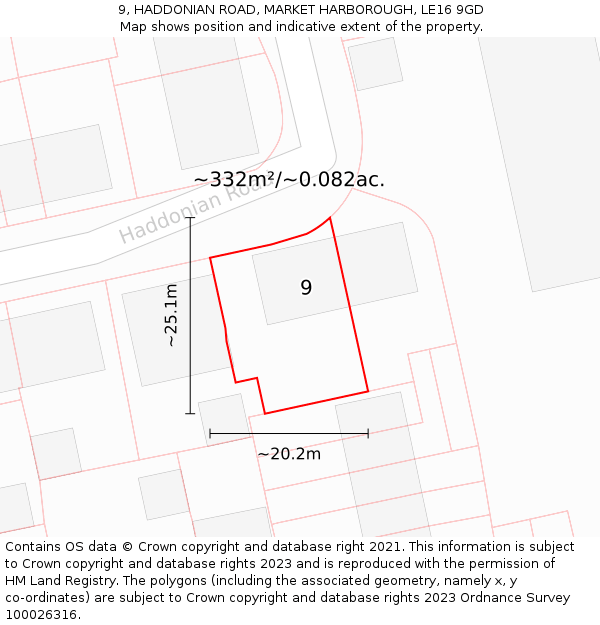 9, HADDONIAN ROAD, MARKET HARBOROUGH, LE16 9GD: Plot and title map