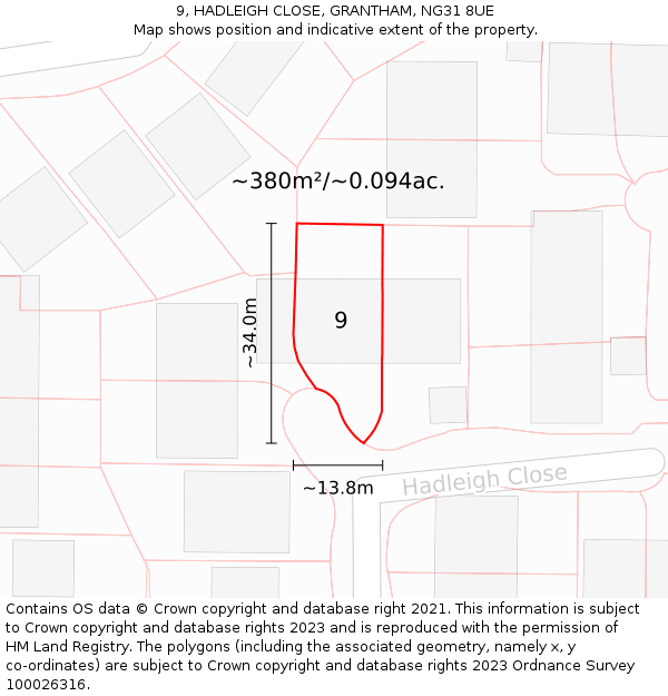 9, HADLEIGH CLOSE, GRANTHAM, NG31 8UE: Plot and title map