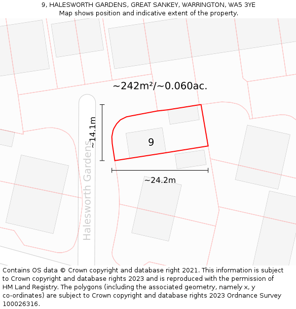 9, HALESWORTH GARDENS, GREAT SANKEY, WARRINGTON, WA5 3YE: Plot and title map