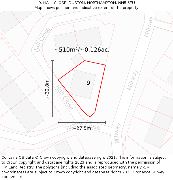 9, HALL CLOSE, DUSTON, NORTHAMPTON, NN5 6EU: Plot and title map