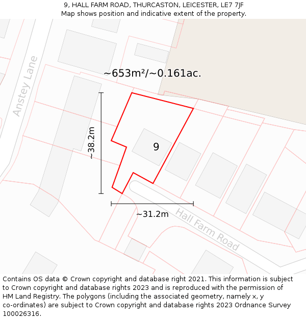 9, HALL FARM ROAD, THURCASTON, LEICESTER, LE7 7JF: Plot and title map