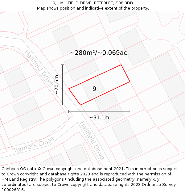 9, HALLFIELD DRIVE, PETERLEE, SR8 3DB: Plot and title map