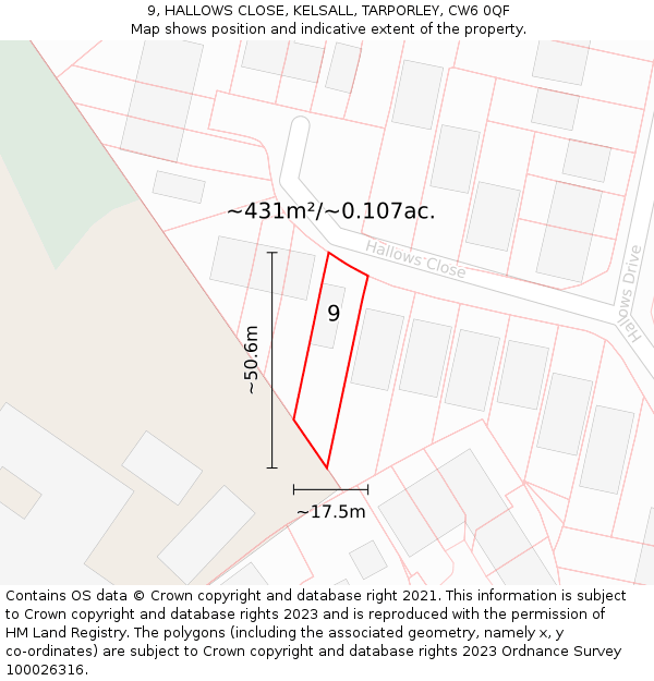 9, HALLOWS CLOSE, KELSALL, TARPORLEY, CW6 0QF: Plot and title map