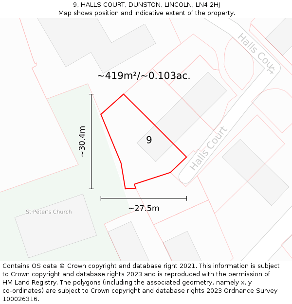 9, HALLS COURT, DUNSTON, LINCOLN, LN4 2HJ: Plot and title map