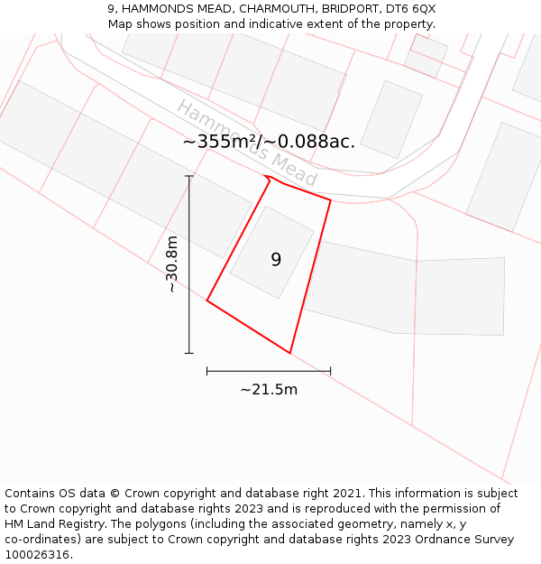 9, HAMMONDS MEAD, CHARMOUTH, BRIDPORT, DT6 6QX: Plot and title map