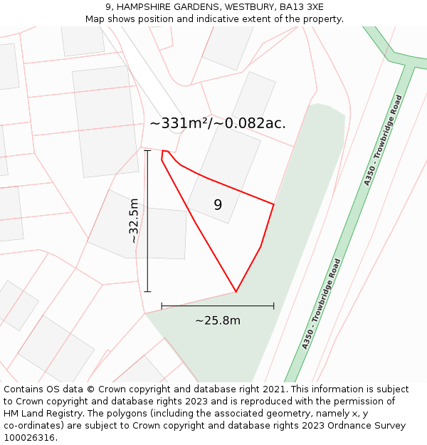 9, HAMPSHIRE GARDENS, WESTBURY, BA13 3XE: Plot and title map