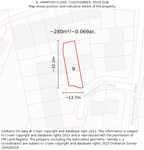 9, HAMPTON CLOSE, CLEETHORPES, DN35 0UB: Plot and title map