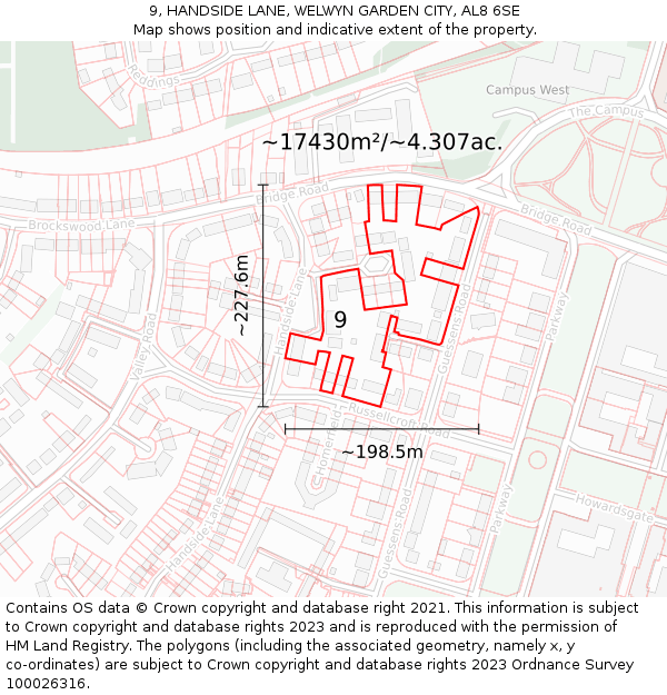 9, HANDSIDE LANE, WELWYN GARDEN CITY, AL8 6SE: Plot and title map