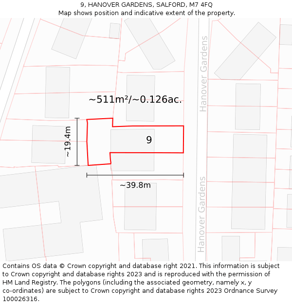 9, HANOVER GARDENS, SALFORD, M7 4FQ: Plot and title map