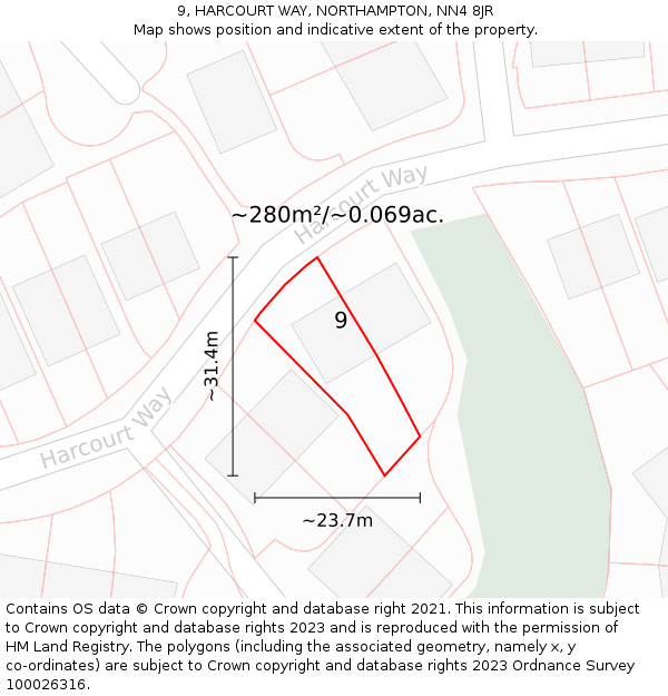 9, HARCOURT WAY, NORTHAMPTON, NN4 8JR: Plot and title map