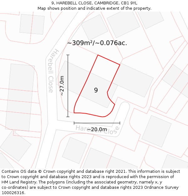 9, HAREBELL CLOSE, CAMBRIDGE, CB1 9YL: Plot and title map